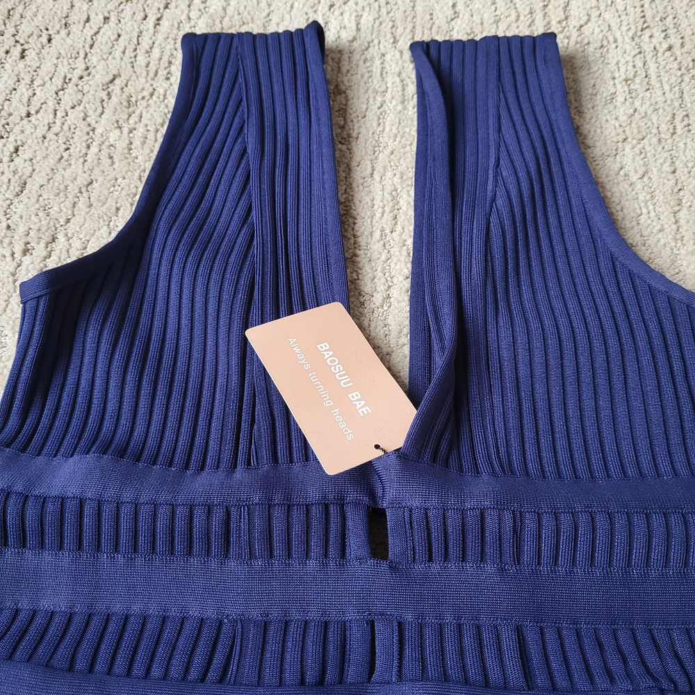 Women’s Baosuu Deep Plunge V-Neck Bodycon Midi Dress – Navy Blue – Size L – NWT - Picture 8 of 14